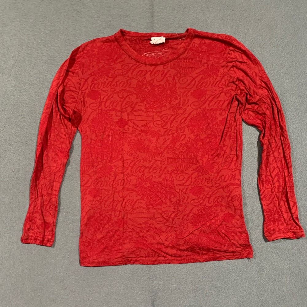 Harley Davidson Long Sleeve T Shirt Red All Over Print Embossed Biker Thin USA